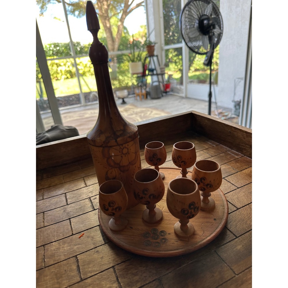 Vintage Hand Carved Wood Decanter Set 6 Goblets Tray Wood Burned Floral Folk Art
